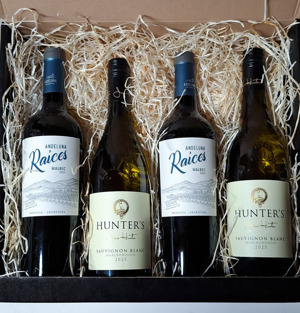 New World Noël: Hunter’s Sauvignon Blanc & Andeluna Raíces Malbec Four Pack